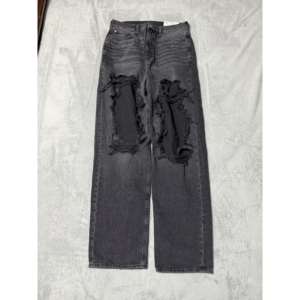 NWT American Eagle Baggy Mom Jeans Womens 8 Black‎ Distressed Stretch 29x30.5